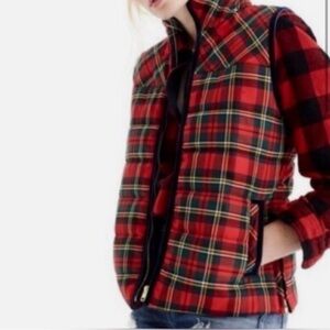 J. Crew Red Tartan Plaid Mountain Puffer Vest Blue Velvet Trim- Extra Small- NWT
